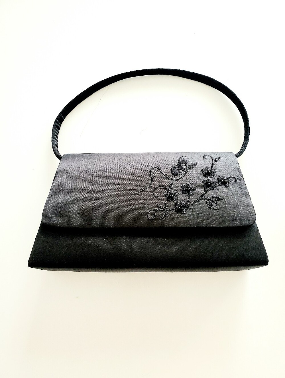 Black Satin Mini Evening Bag with Floral Bead Detail
